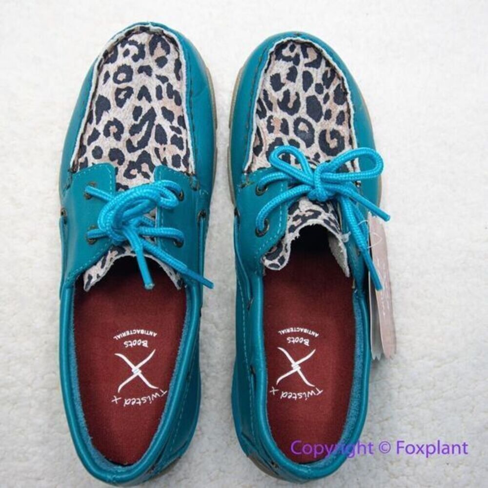New! Twisted X boat shoe driving moccasin leather‎ turquoise leopard, youth 4.5